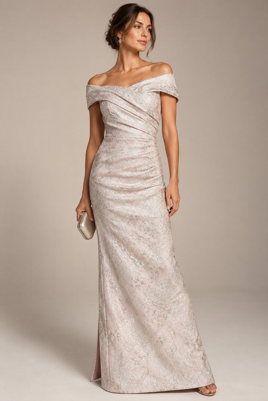 Rickie Freeman Teri Jon Size 6 Metallic Jacquard Off Shoulder Gown Pink Silver